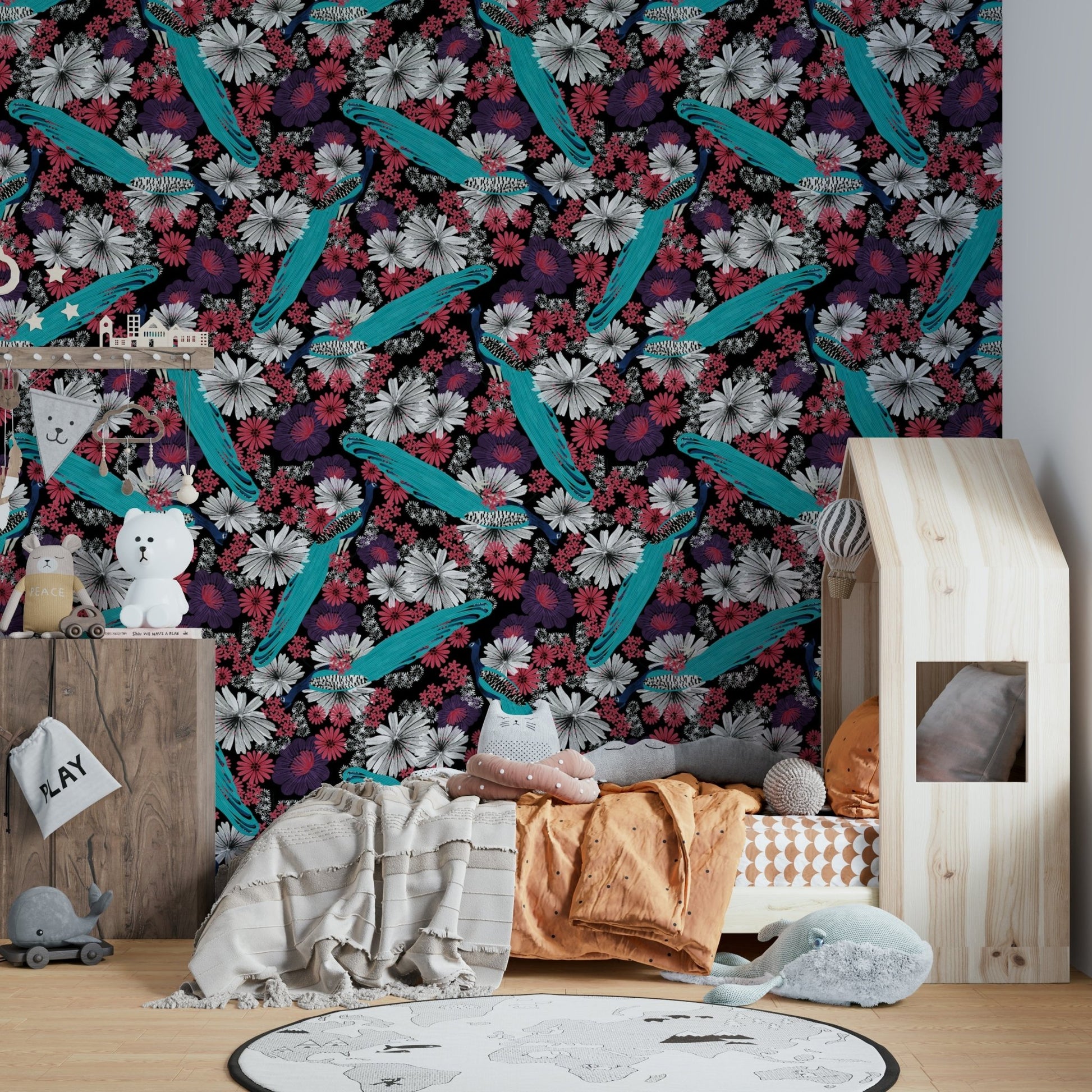 Ornate peacock feathers on black base

