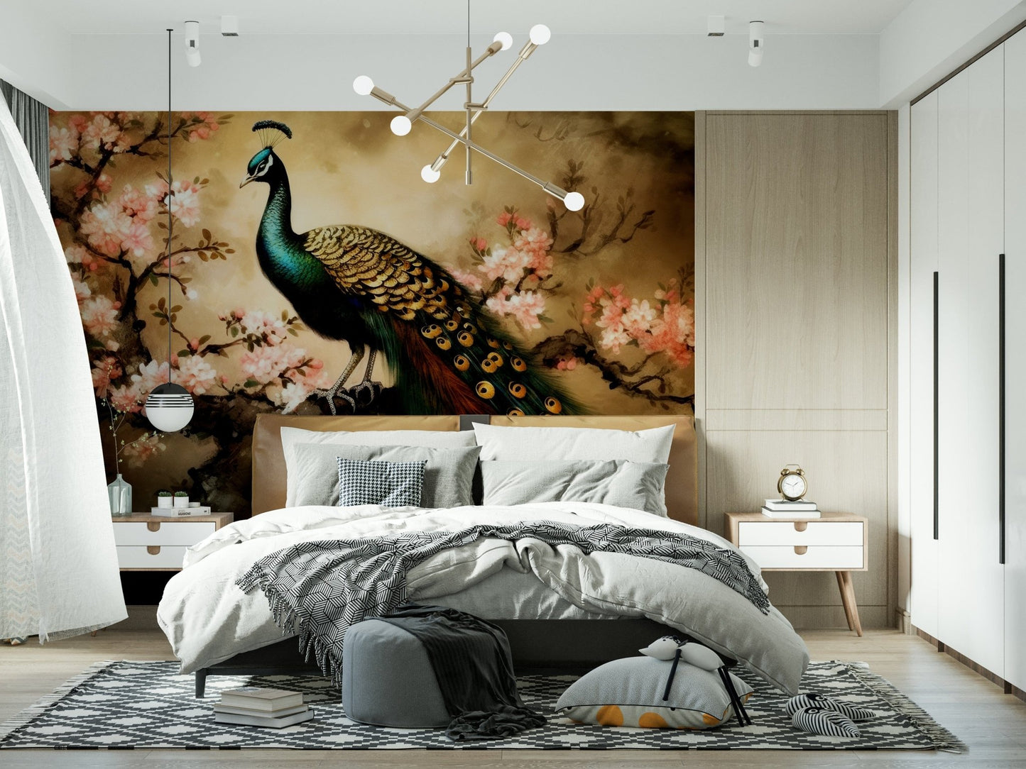 Home office accent wall with peacock bloom mural, muted teal and gold detailing