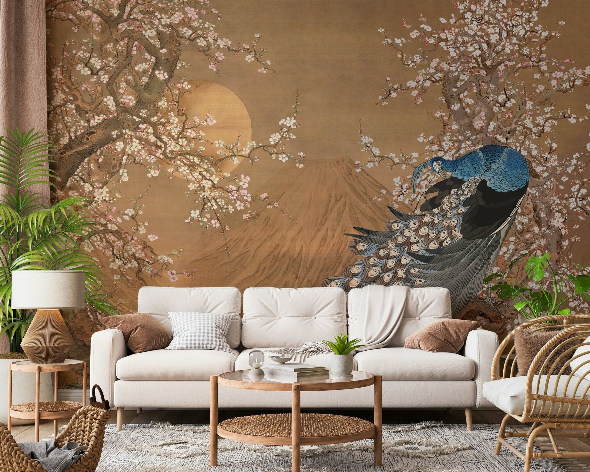 Peacock feather wall mural in entryway, jewel tones, contemporary interior styling