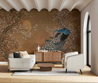 Peacock mural on dining room feature wall, vibrant plumage design, modern wall decor
