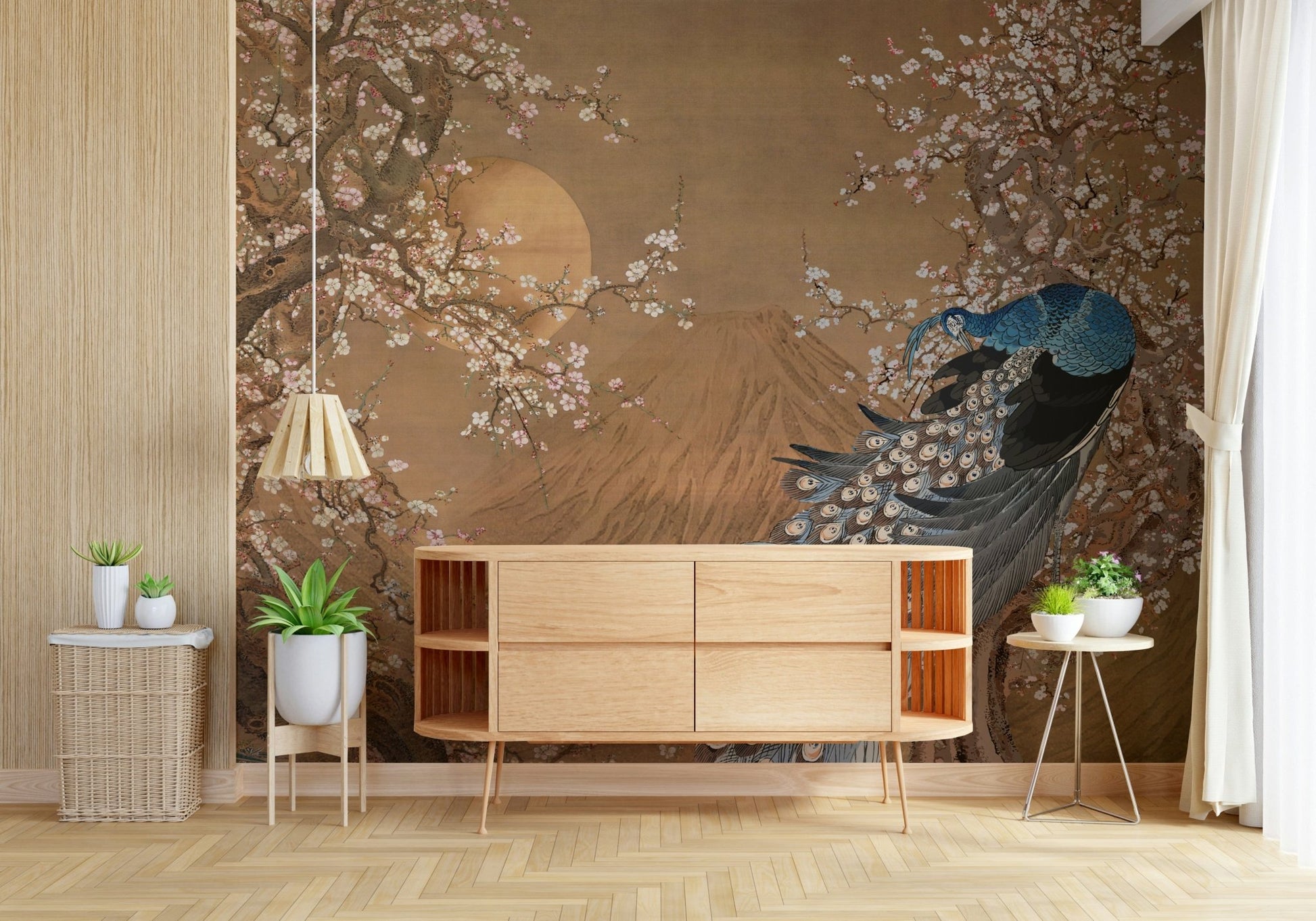 Peacock mural in reading nook, ornate feather details, modern decor with warm lighting