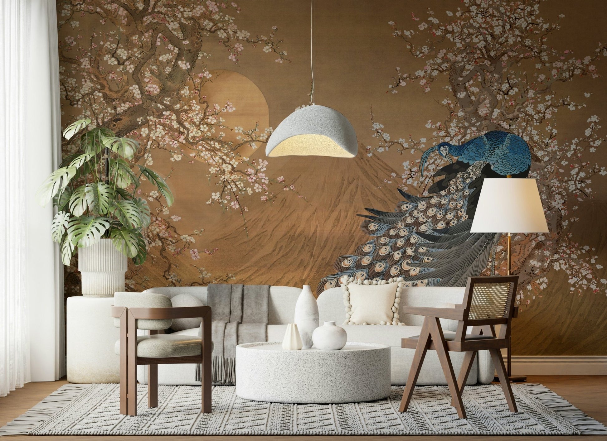 Elegant peacock feather mural for bedroom wall, rich blue and green tones, calm style