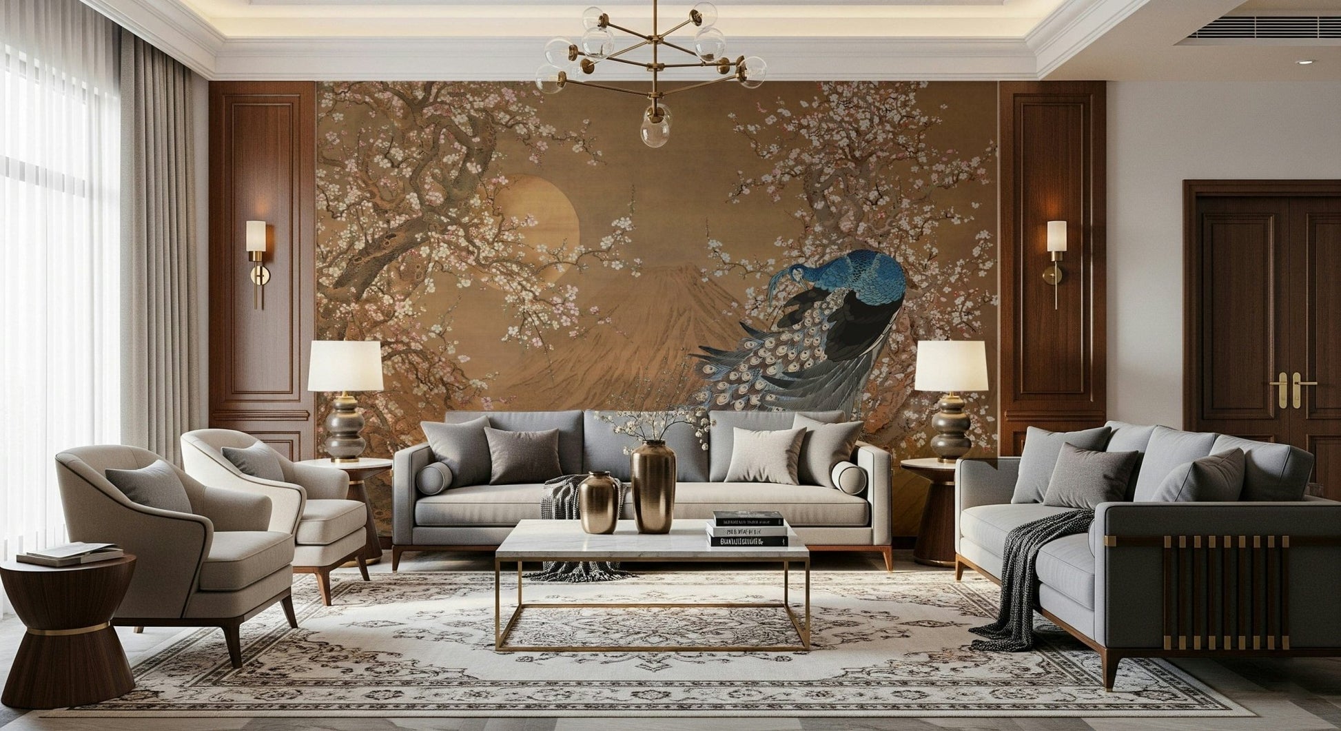 Peacock's Paradise Wall Mural for nursery accent wall, soft color mix, playful nature theme