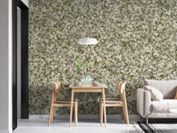 Pear Blossom White Flowers wallpaper mural behind a wood dining table and beige sofa in a bright dining room