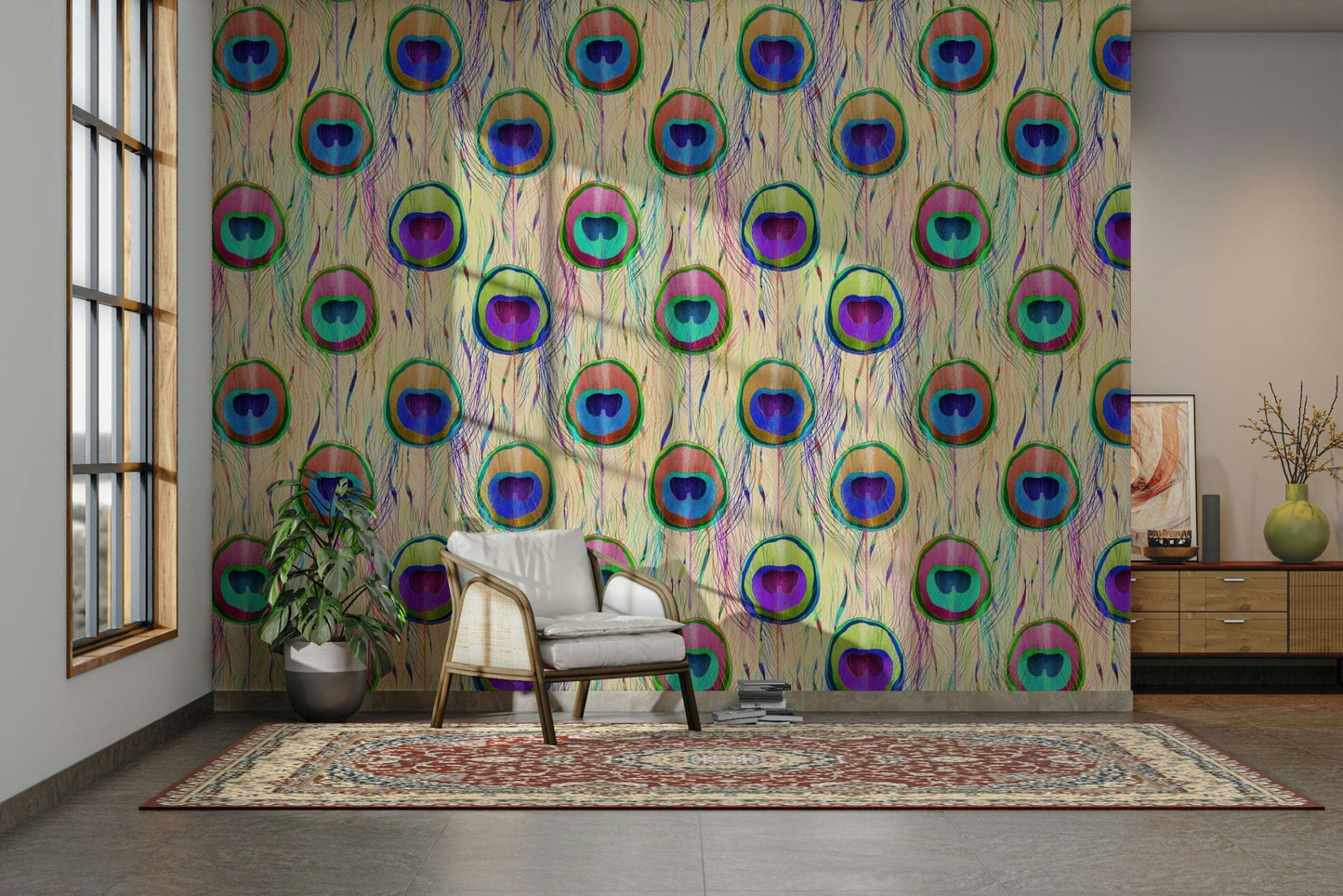 A seamless pattern of colorful feathers.

