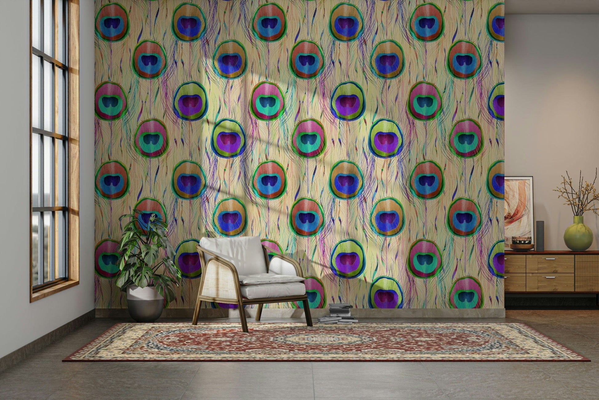 A seamless pattern of colorful feathers.

