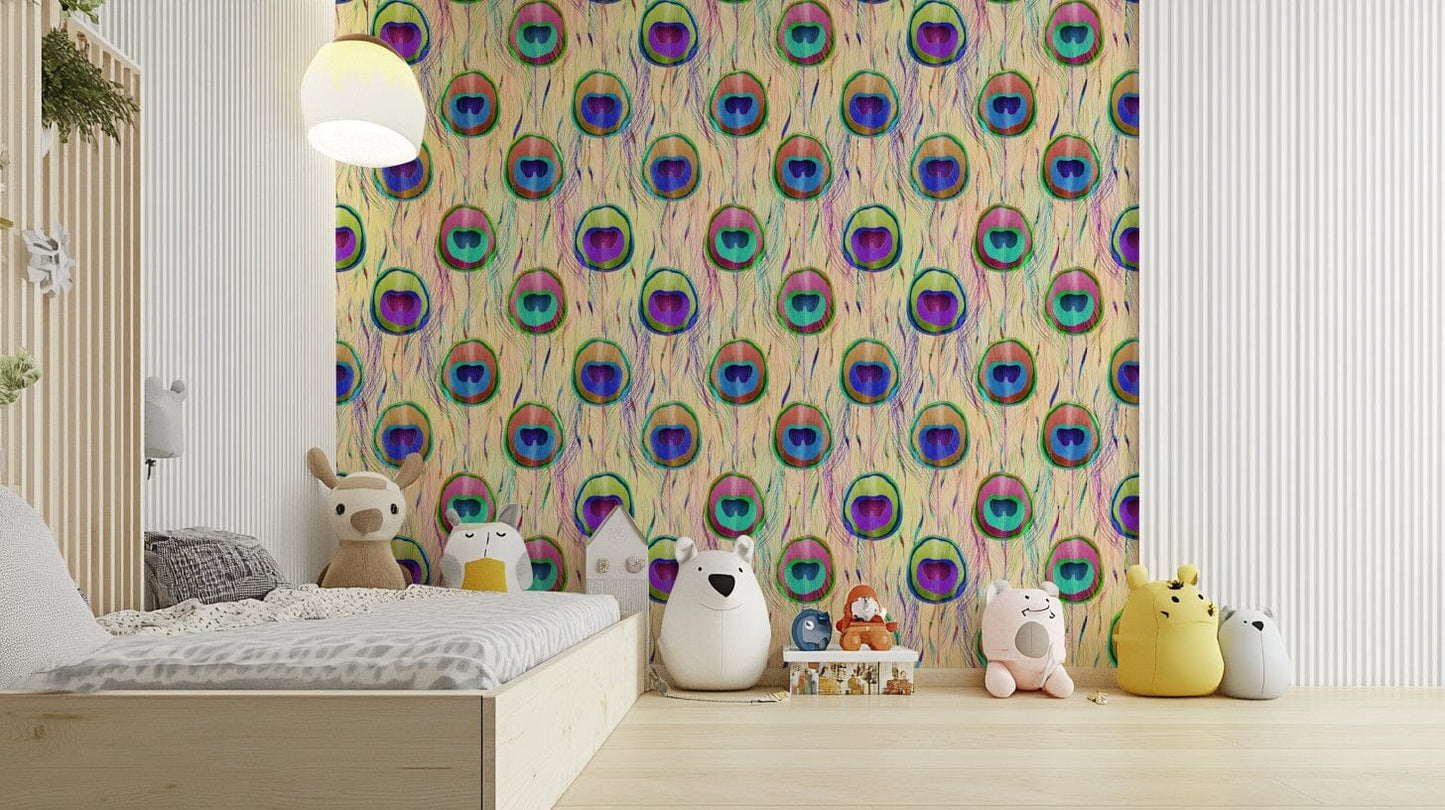 Peacock feather motifs on a neutral background.

