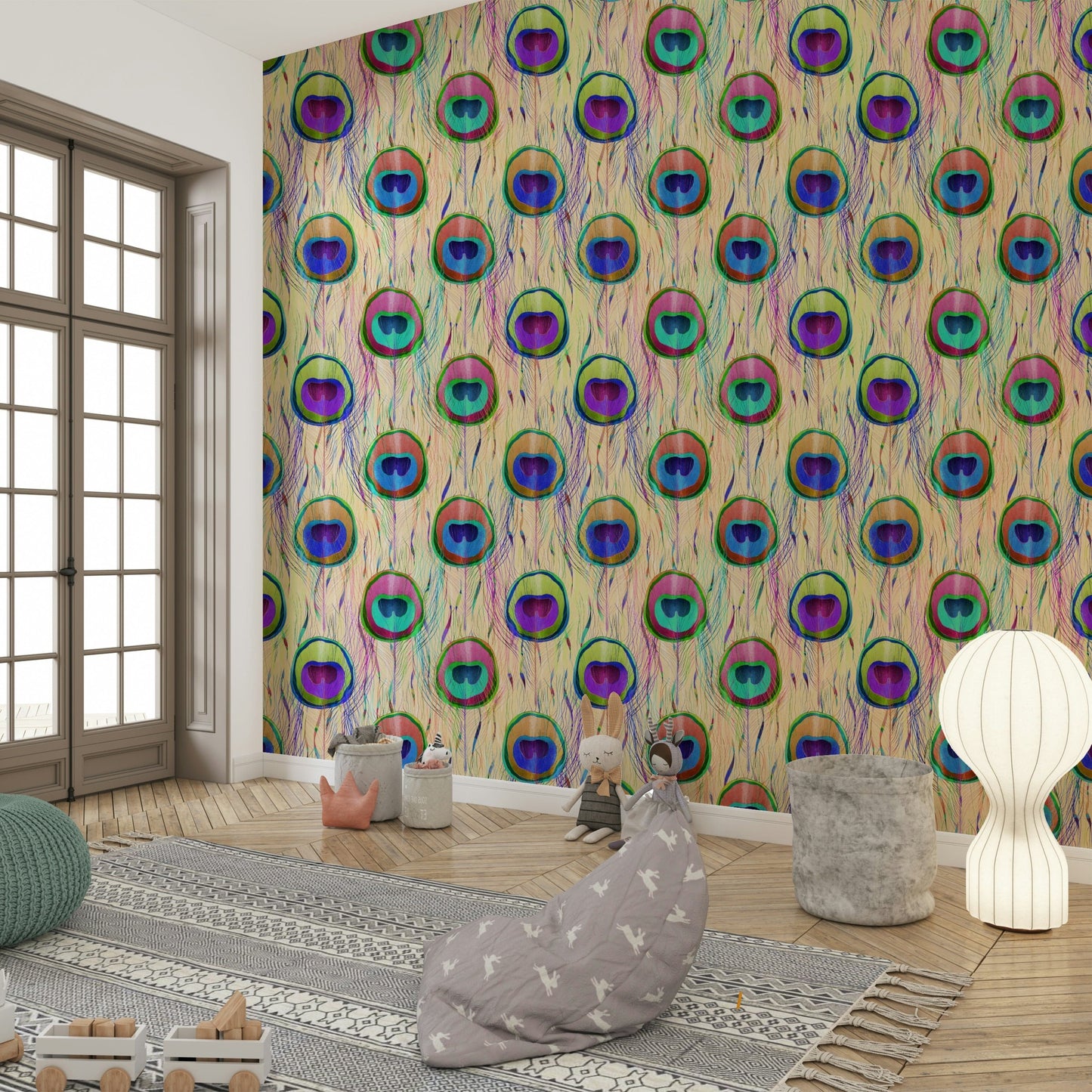 Close-up of a wall covering with intricate feather details.

