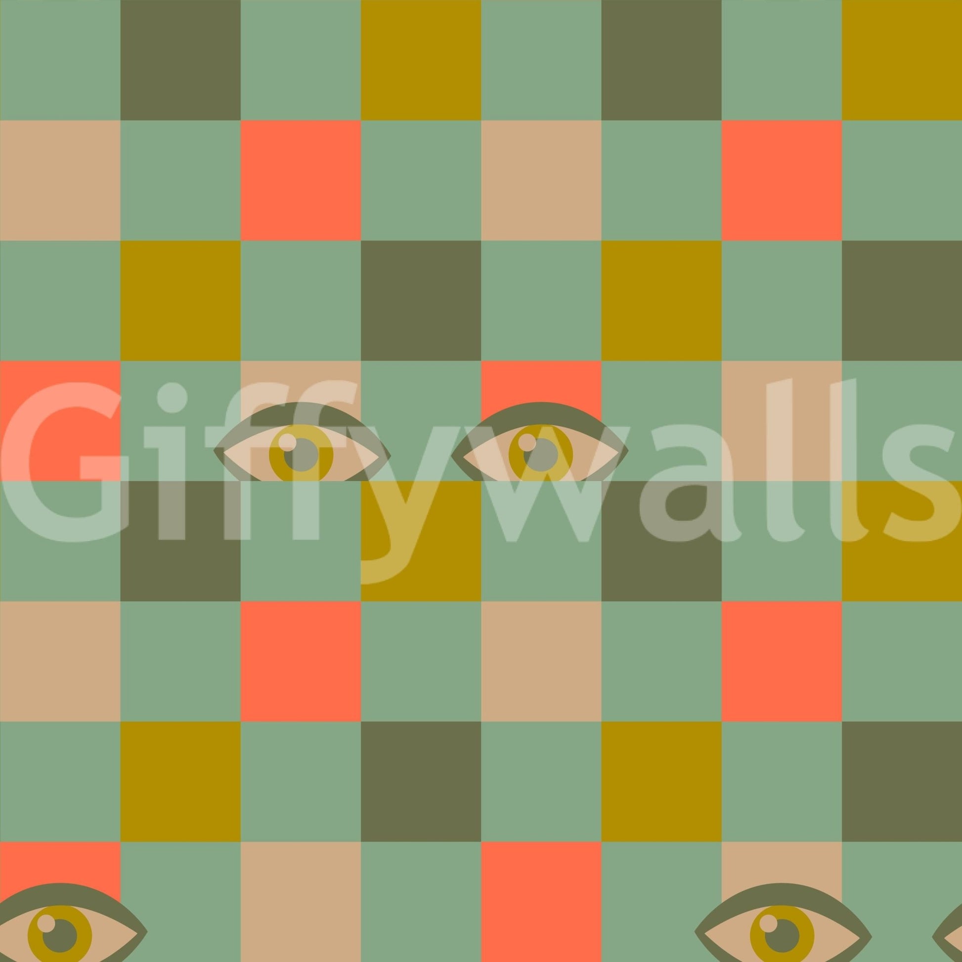 A playful checkerboard wallpaper where bold-colored squares meet scattered eye motifs for a unique retro style.
