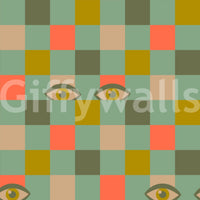 A playful checkerboard wallpaper where bold-colored squares meet scattered eye motifs for a unique retro style.