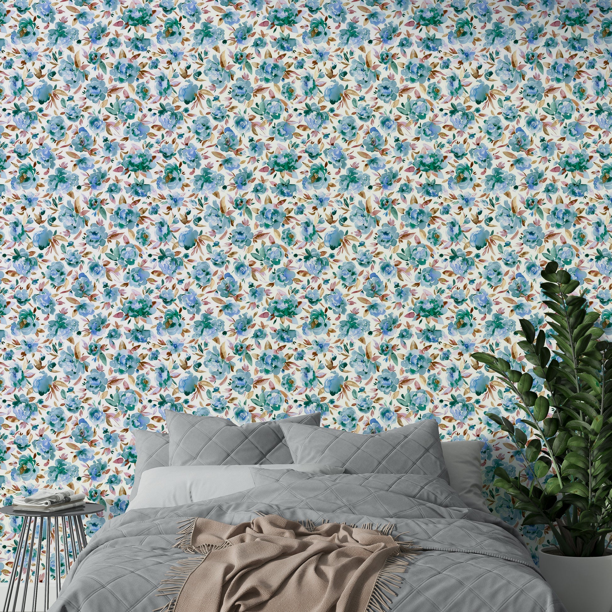 Peaceful sky blue wallpaper decorated with pink peonies

