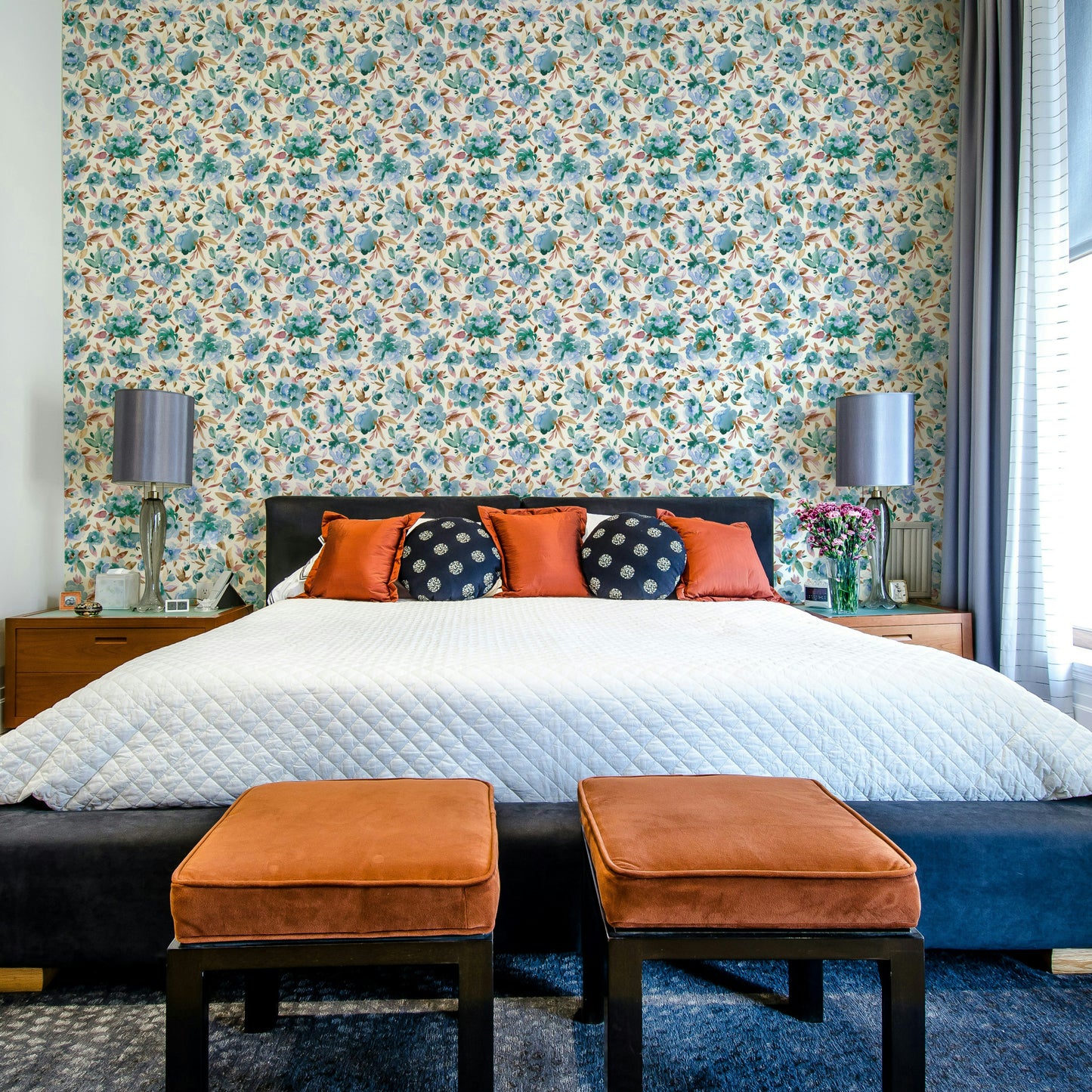 Peony-themed wallpaper with calm blue backdrop

