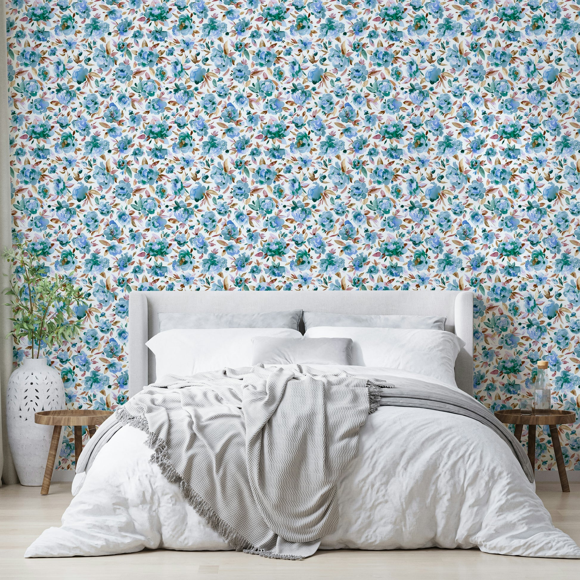 Floral peonies wallpaper in soothing sky blue tones

