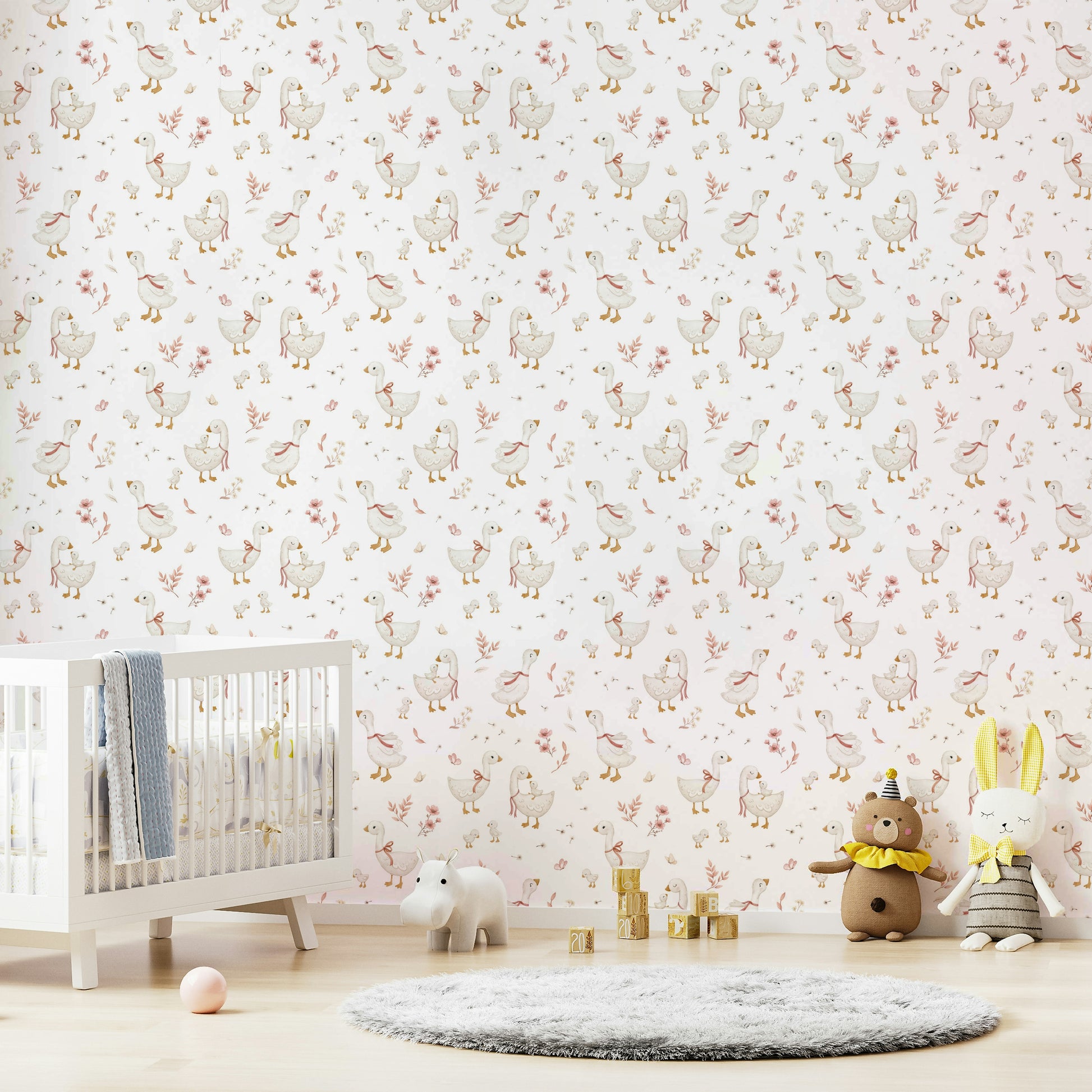 Soft-toned wallpaper with geese and flowers

