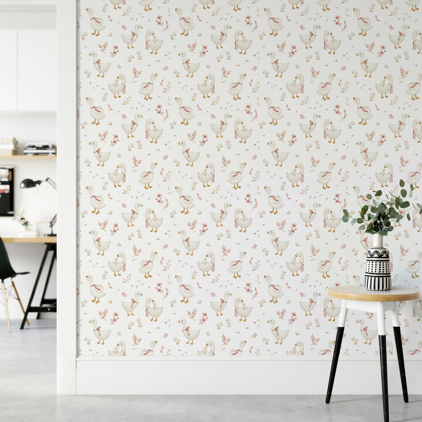 Pastel geese wallpaper for children’s rooms

