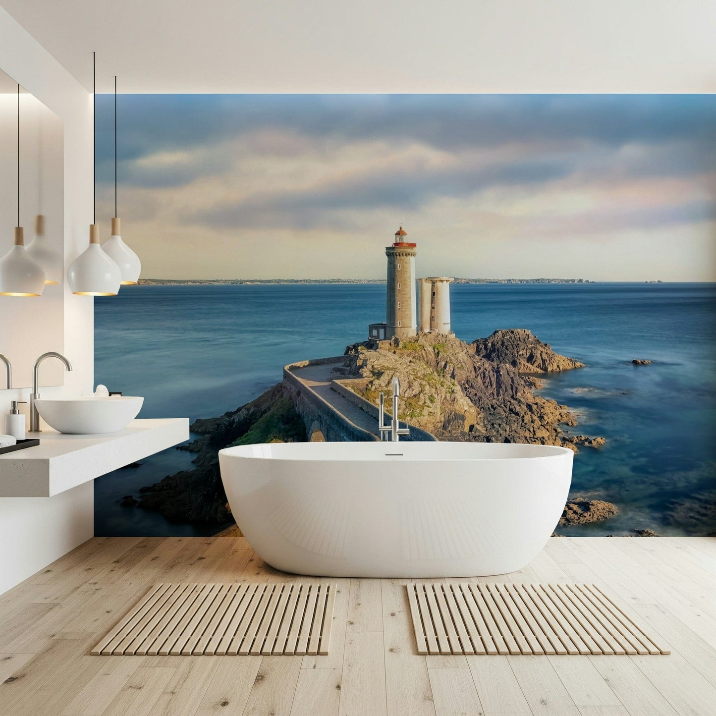 Petit Minou Lighthouse Wall Mural on TV wall, modern coastal palette
