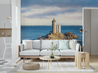 Coastal wall mural with lighthouse for reading nook, modern decor look