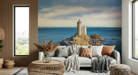 Oceanfront lighthouse wall decor in guest room, relaxed coastal style