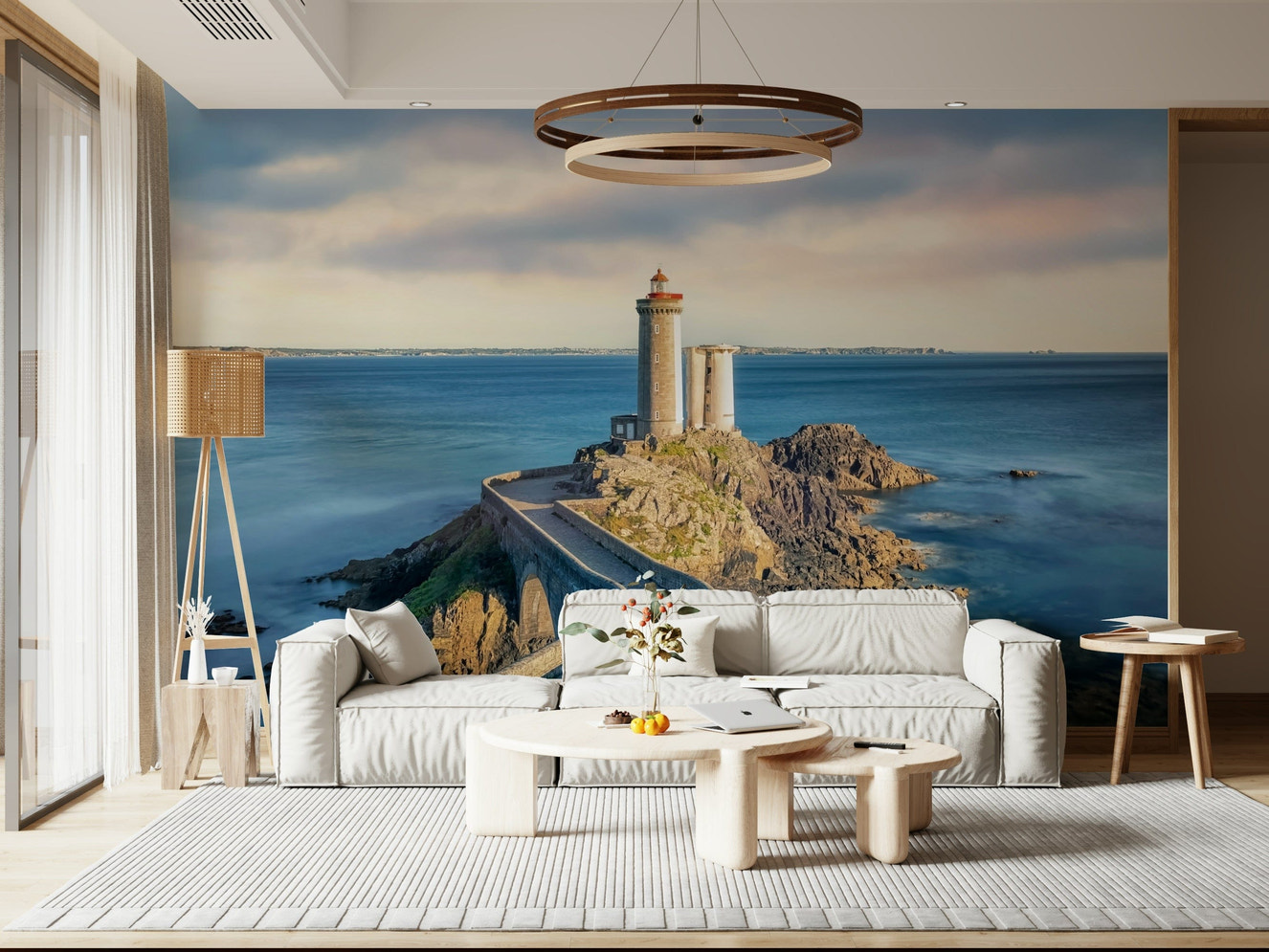 Coastal lighthouse mural in modern living room, soft blue-gray tones