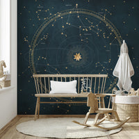 Astro wheel with cosmic motifs on petrol blue background.


