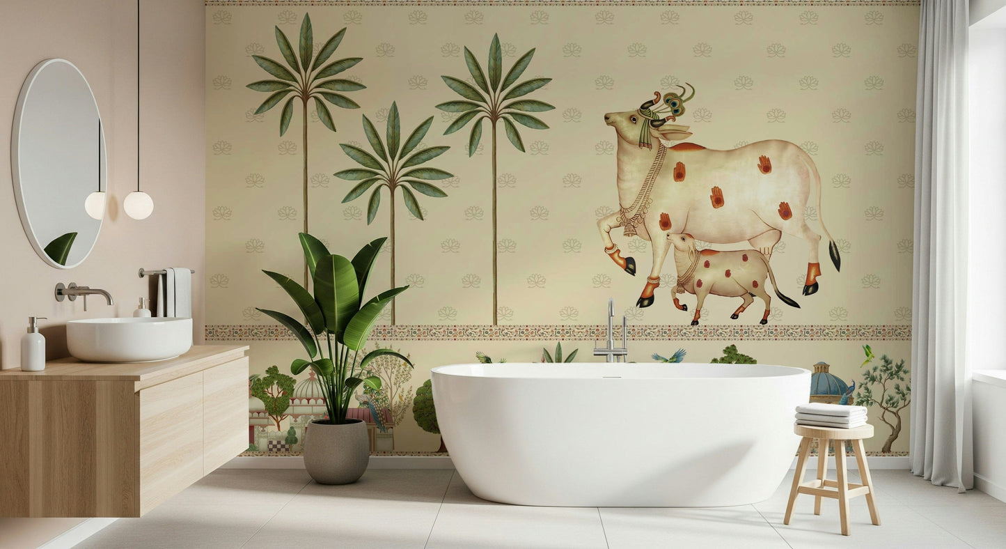 Indian Pichwai Parampara Wall Mural with symmetrical floral layout for modern home interiors