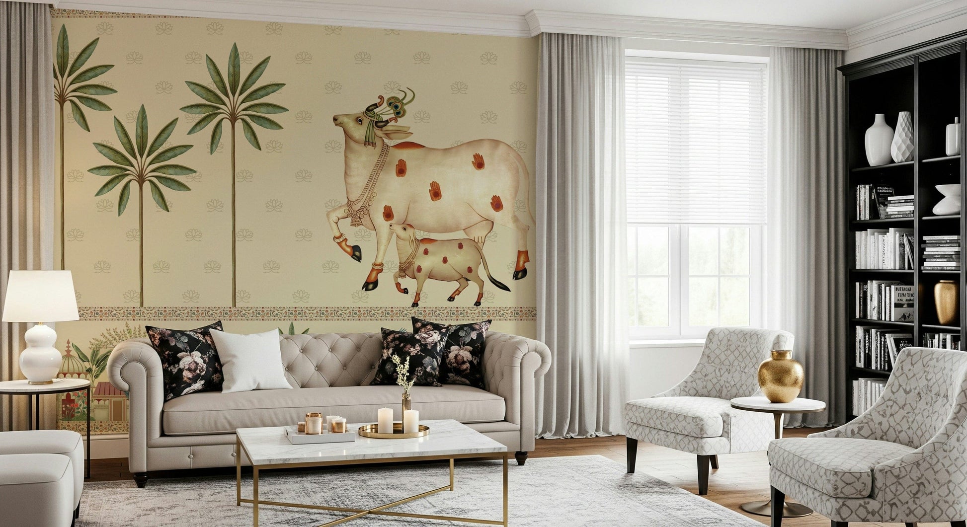 Decorative Pichwai wall mural featuring Krishna-inspired art in soft cream and gold tones