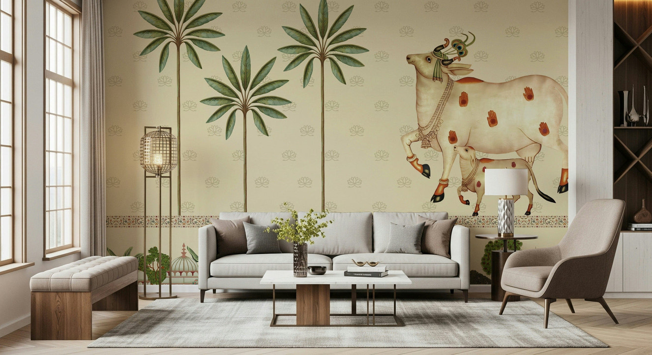 Pichwai Parampara Wall Mural with traditional lotus artwork in warm red and gold tones for living room wall decor