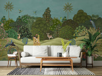 Pichwai Palms mural wallpaper used as a feature wall in a modern apartment living area