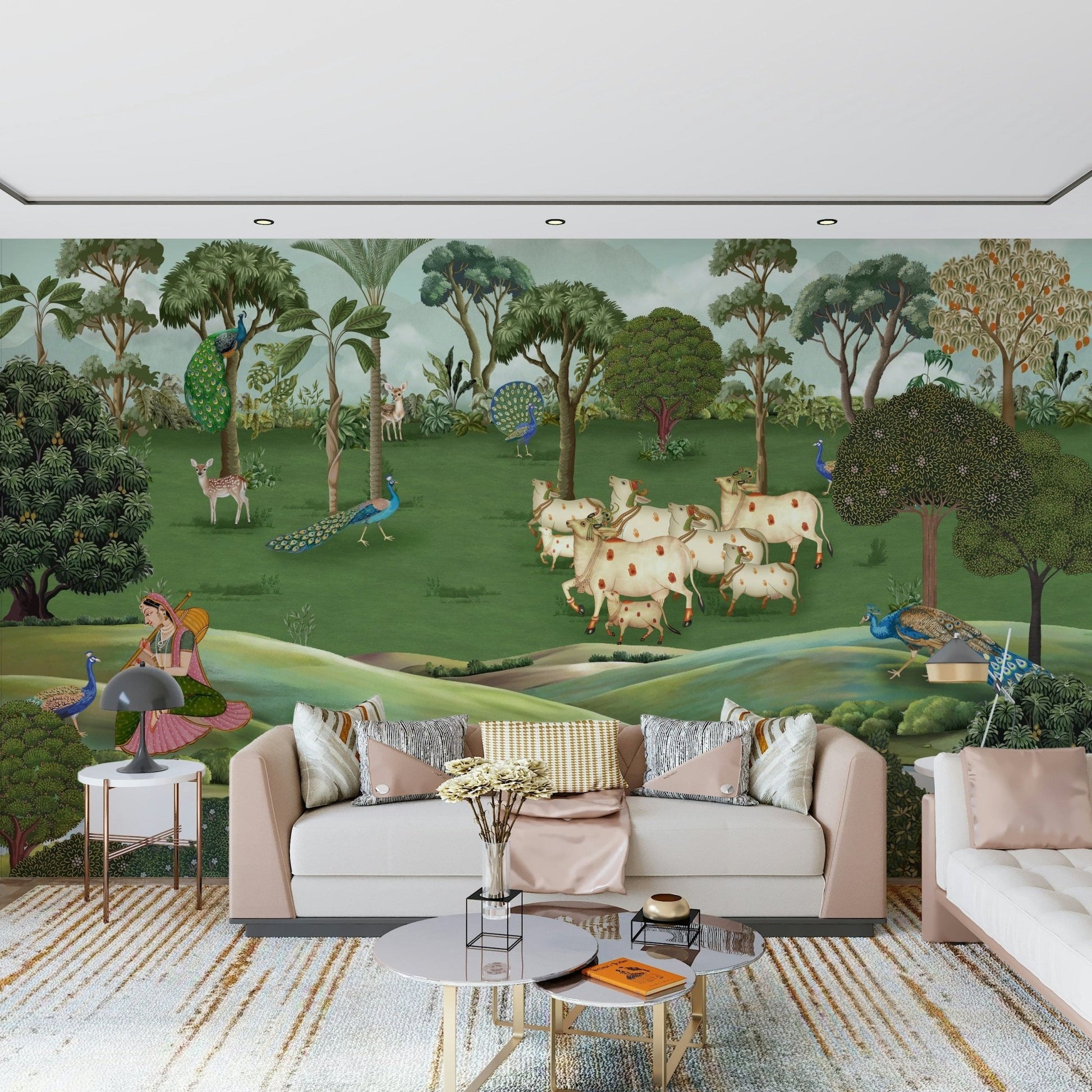 Artistic wall mural showing pastoral cows and nature in Pichwai design style