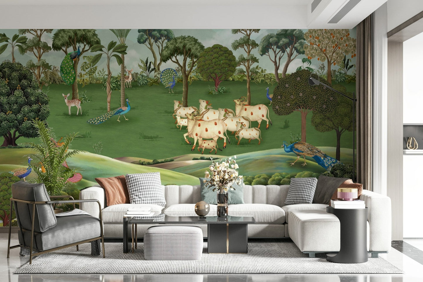 Pichwai Pastures Wall Mural behind sofa in neutral living space with artistic wall decor