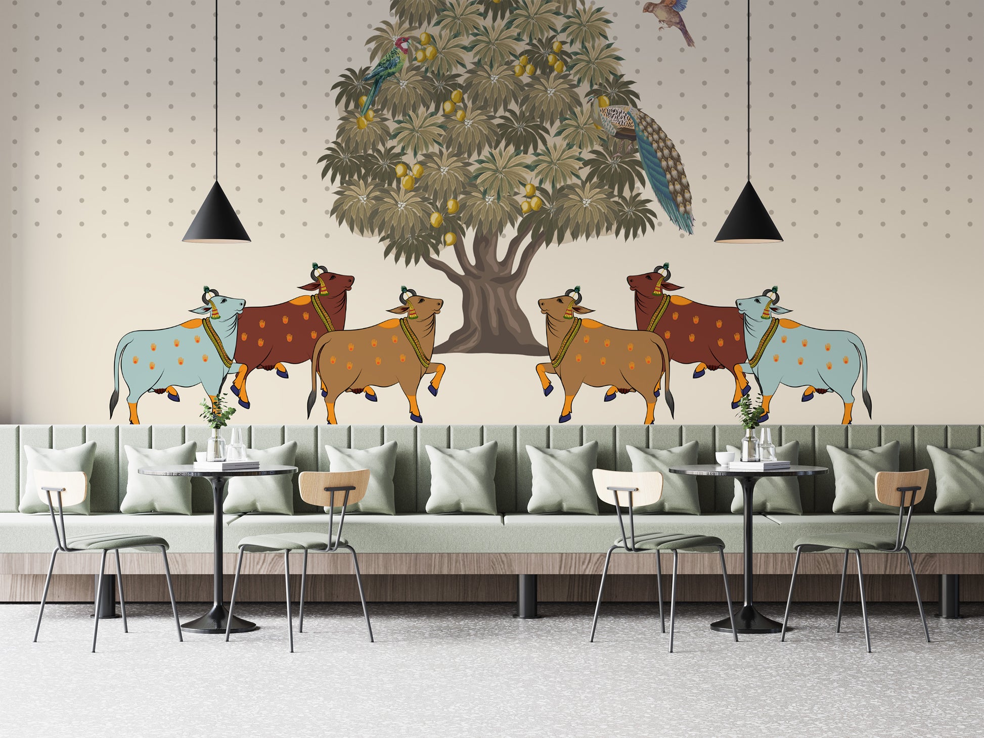 Elegant Pichwai painting-inspired mural with sacred cows
