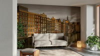 Peaceful cityscape mural of houses along a quiet canal for your space.

