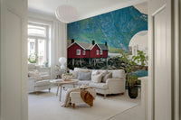 Fjord village wall mural under tall mountains
