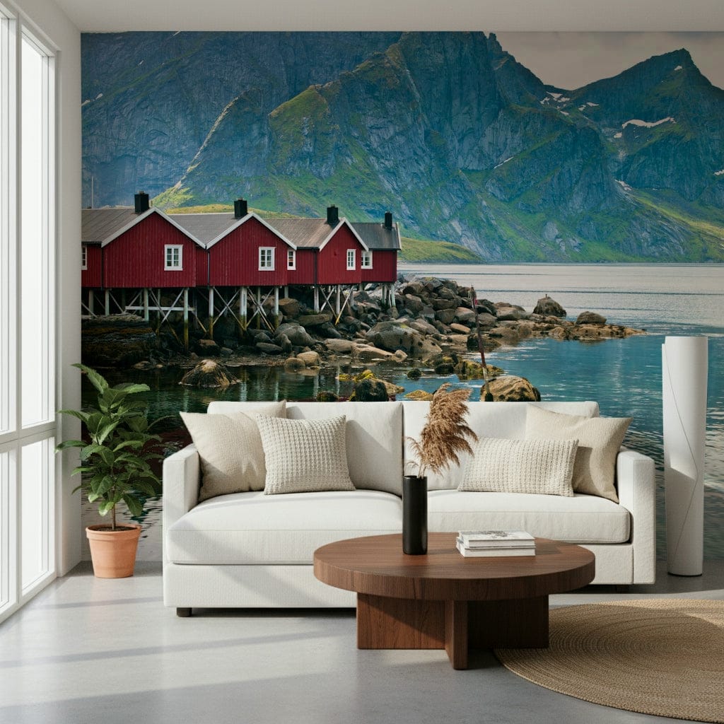 Coastal Norway wall mural with red homes