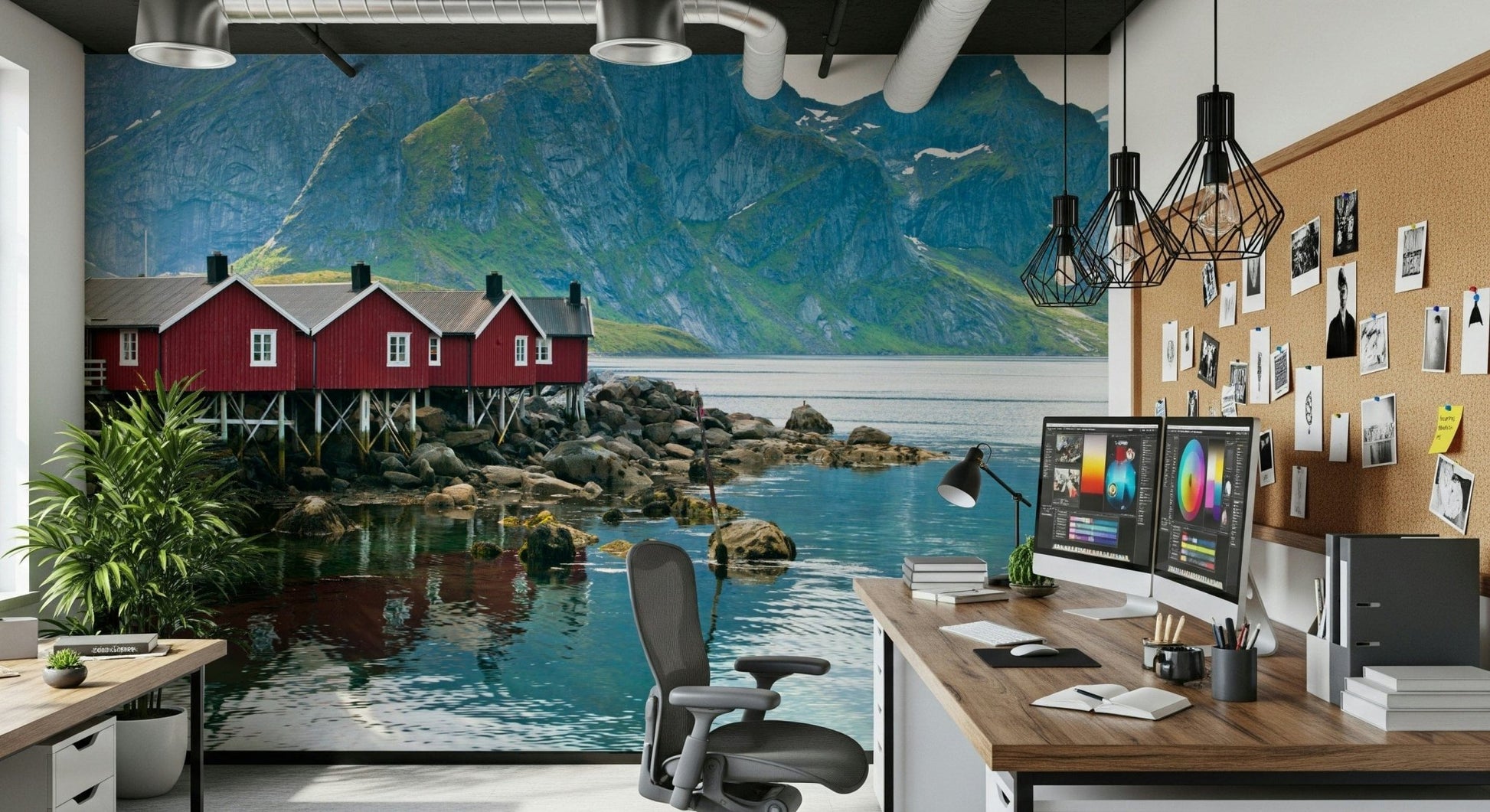 Scandinavian houses wall mural on rocky shore