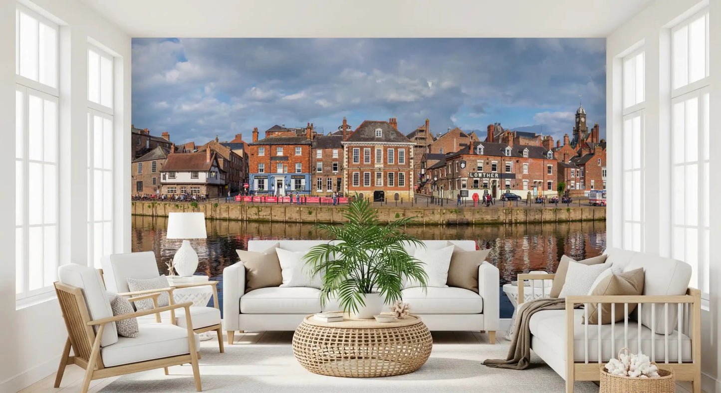 Picturesque Riverfront Wall Mural with vibrant building reflections