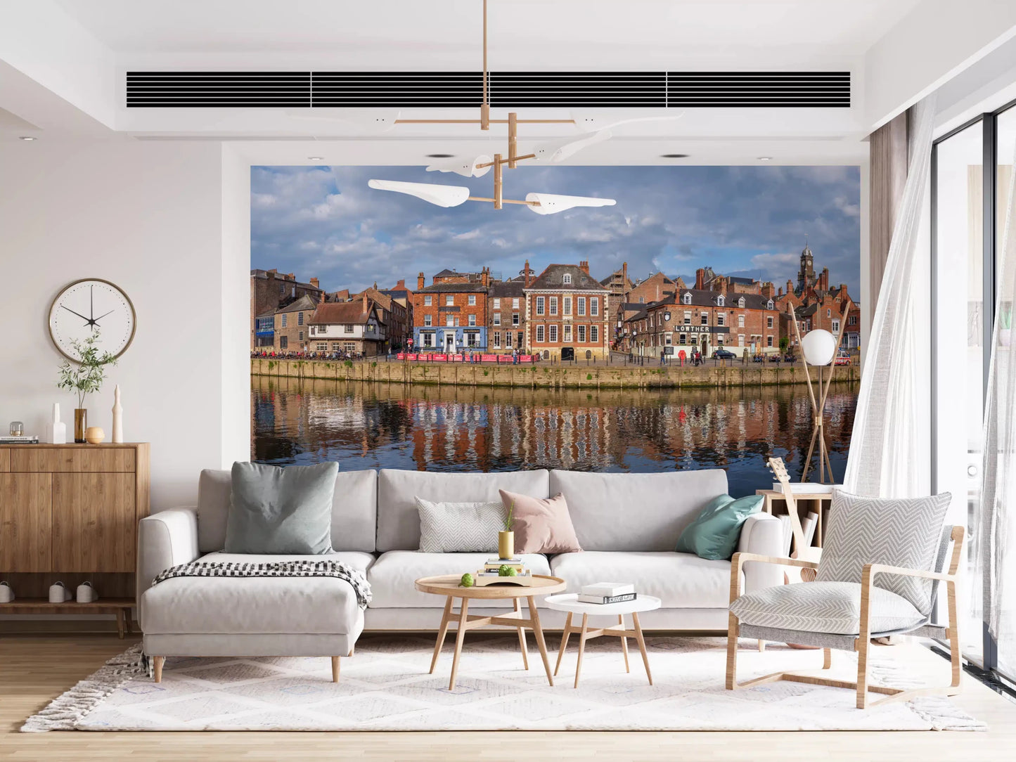 Wide panoramic Picturesque Riverfront for living room Wall Mural featuring a stone bridge