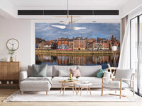 Wide panoramic Picturesque Riverfront for living room Wall Mural featuring a stone bridge