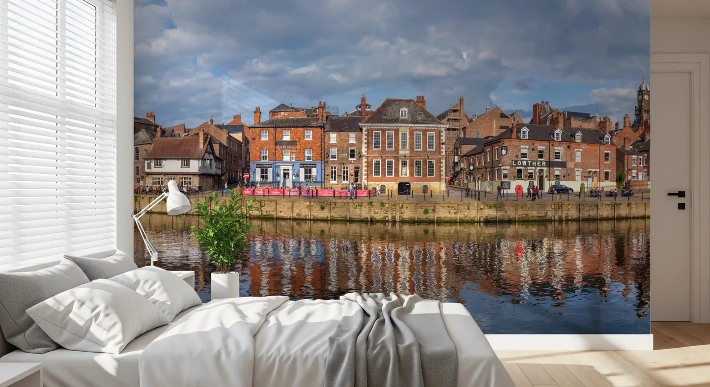 Picturesque Riverfront Wall Mural capturing a classic European riverbank