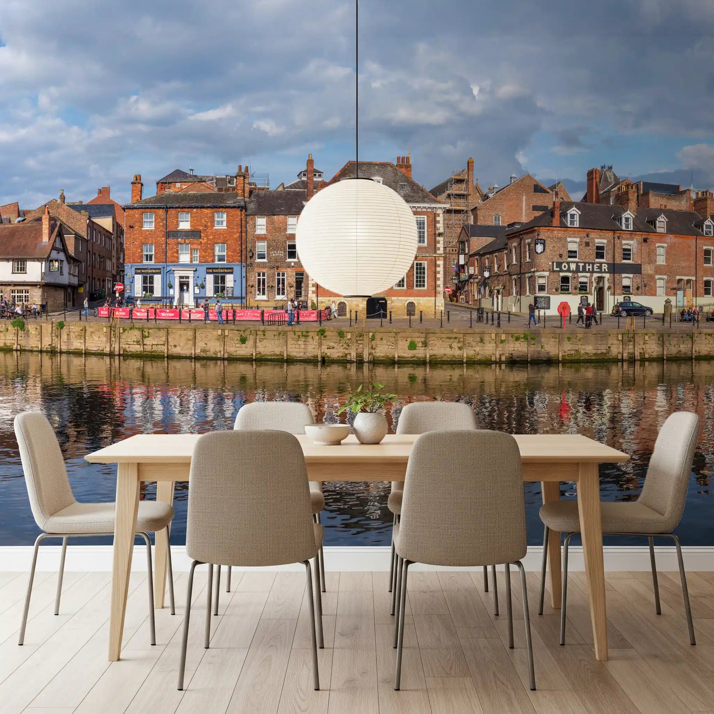 Detailed city waterfront view on a Picturesque Riverfront Wall Mural