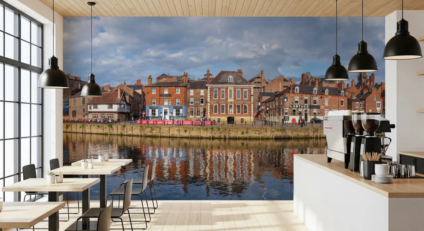 Scenic river reflection on a Picturesque Riverfront Wall Mural for cafe.