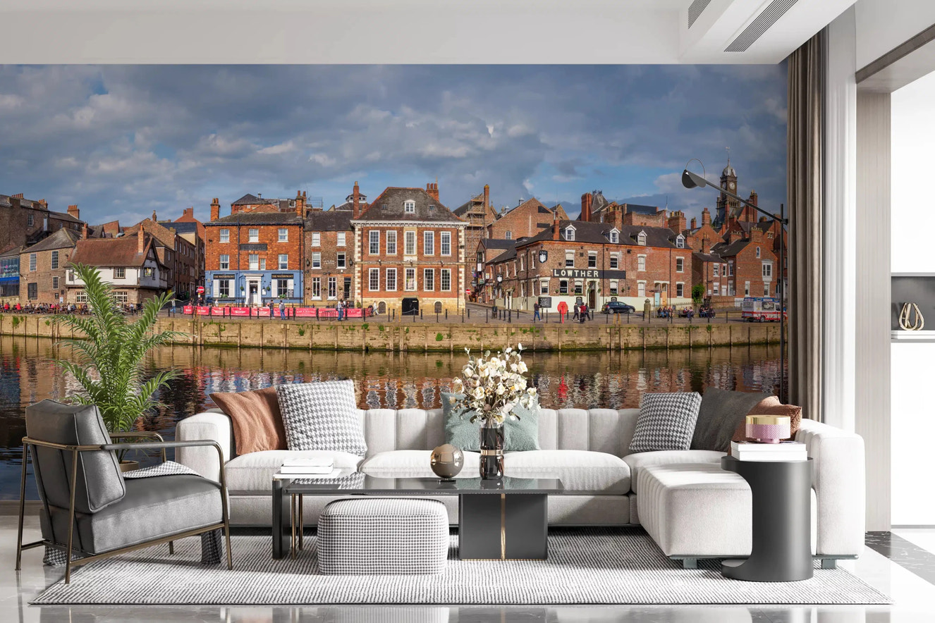 Urban riverside architecture on a Picturesque Riverfront Wall Mural for a hallway.
