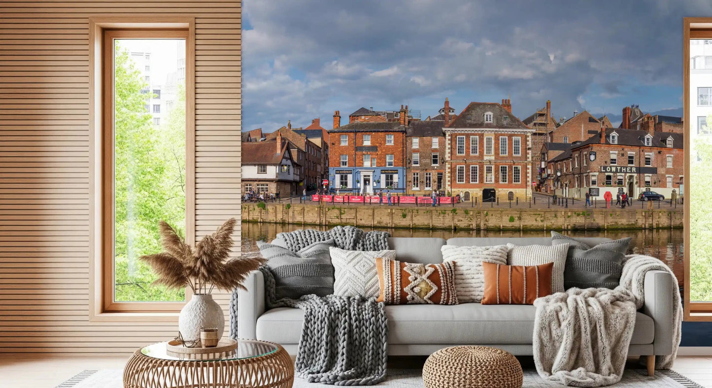Picturesque Riverfront Wall Mural showing a serene waterfront skyline