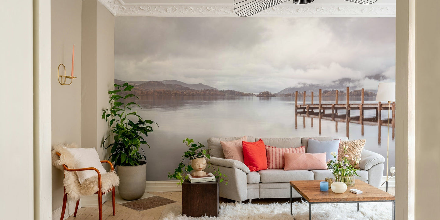 Pier on the lake mural with autumn trees and misty mountains.

