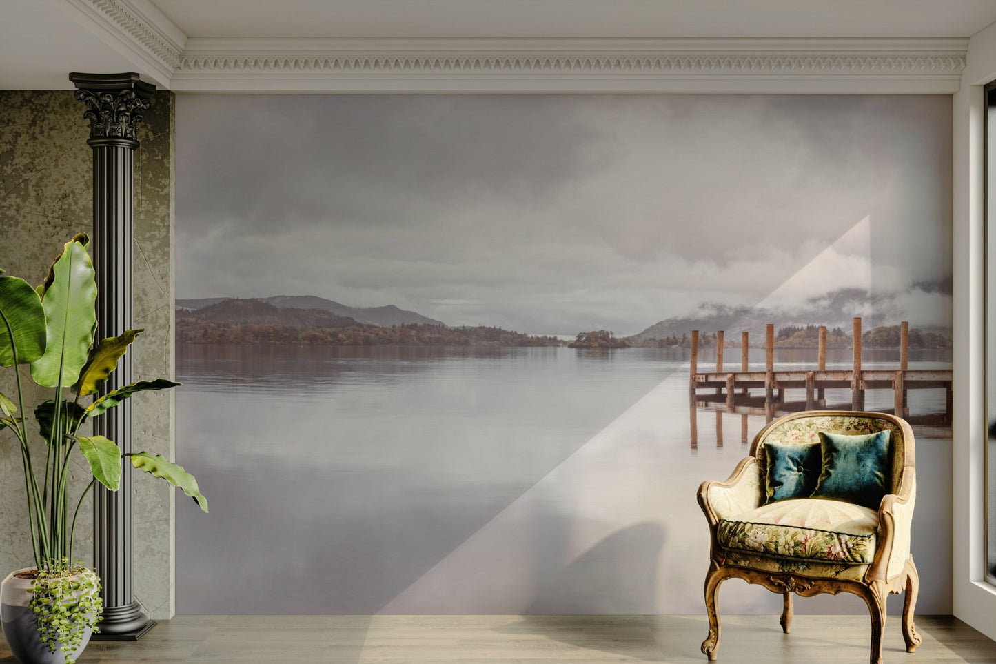 Tranquil pier and lake mural reflecting the surrounding nature.

