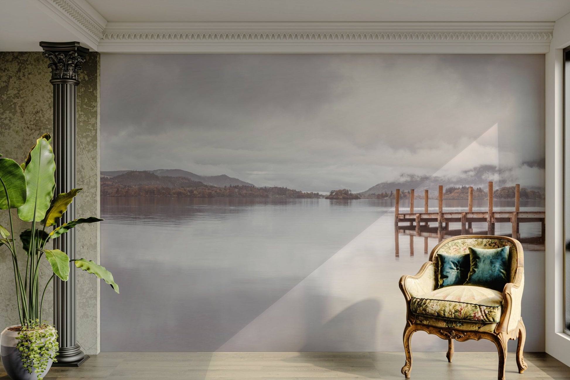 Tranquil pier and lake mural reflecting the surrounding nature.

