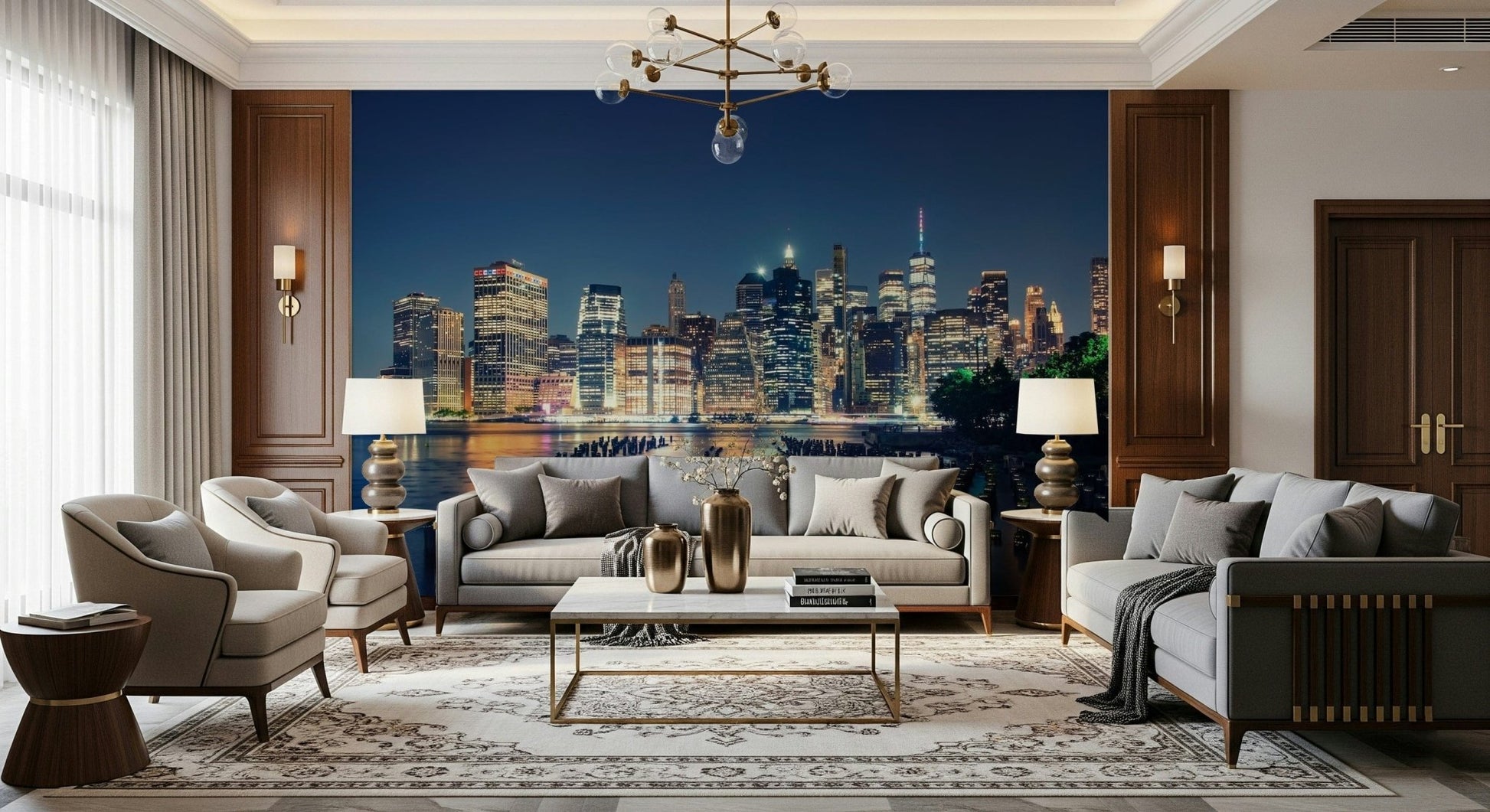 Coastal pier mural behind beige sofa, blue water and sky, modern wall decor
