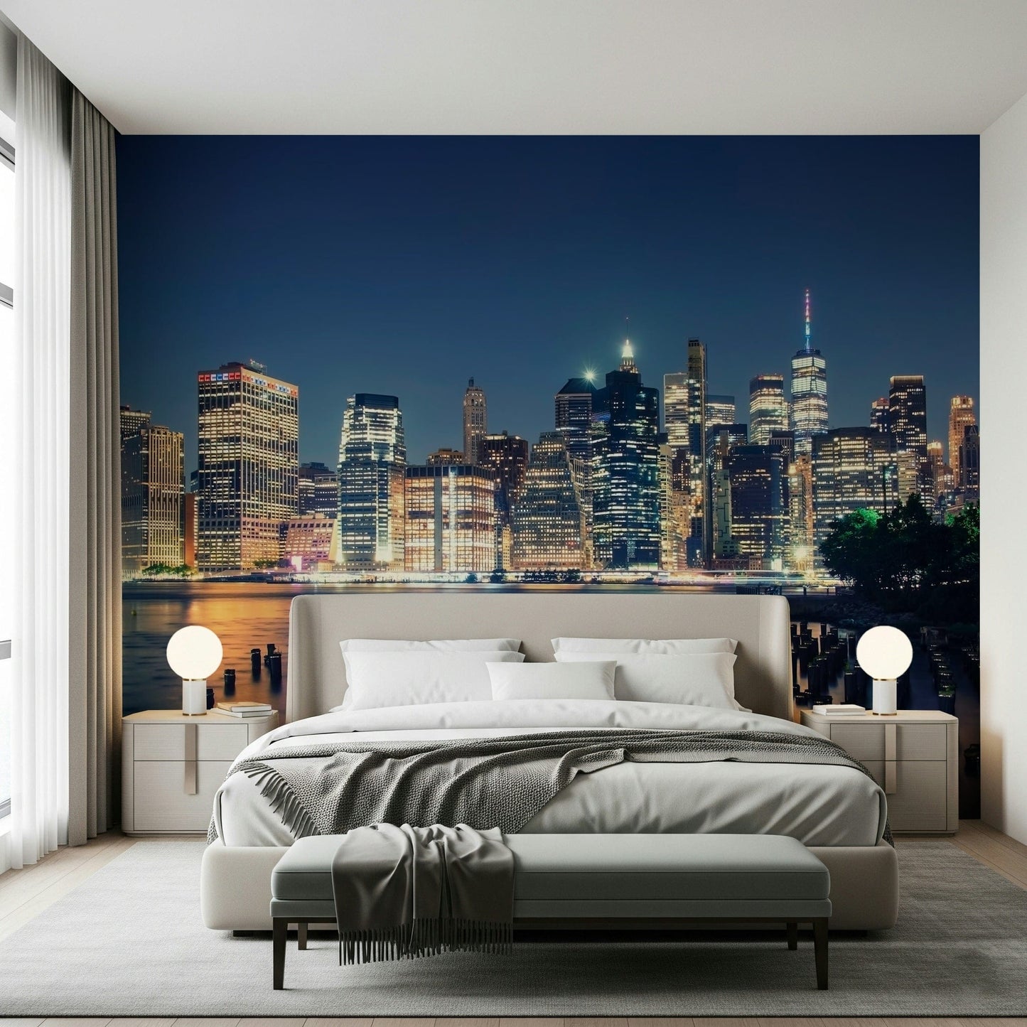 Ocean pier wallpaper in bedroom, soft horizon tones above white headboard