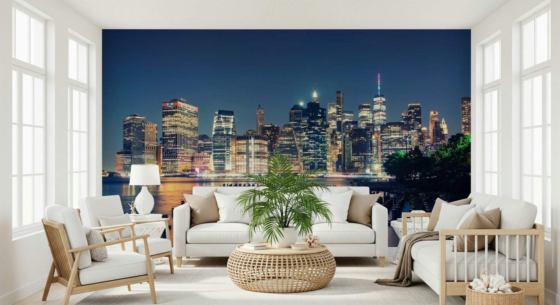 Ocean pier wallpaper for bedroom feature wall, light blue and neutral palette