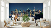 Ocean pier wallpaper for bedroom feature wall, light blue and neutral palette